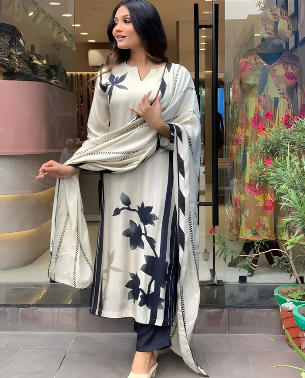 Cream_Muslin_Embroidered_A-Line_Kurta_With_Dupatta_And_Pant_Set_For_Women