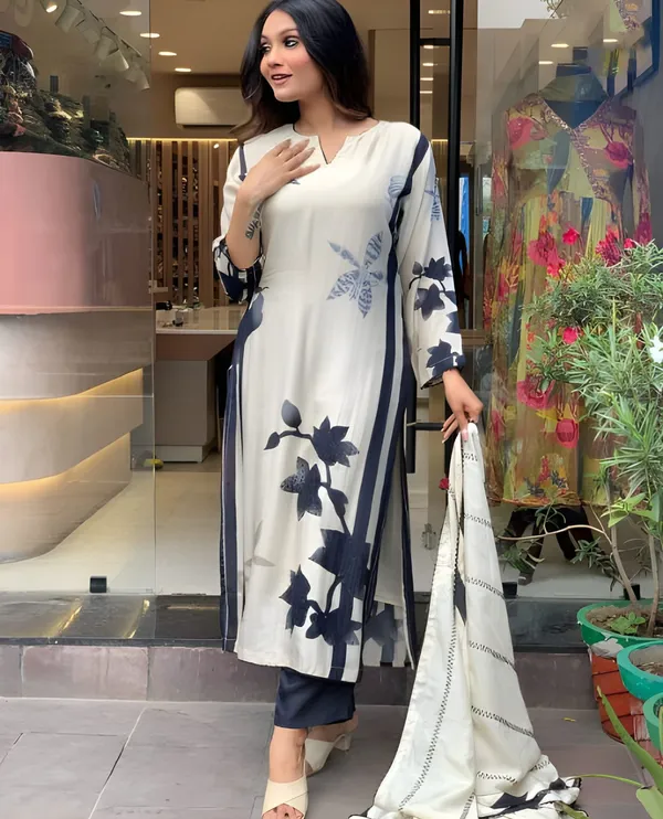 Cream_Muslin_Embroidered_A-Line_Kurta_With_Dupatta_And_Pant_Set_For_Women