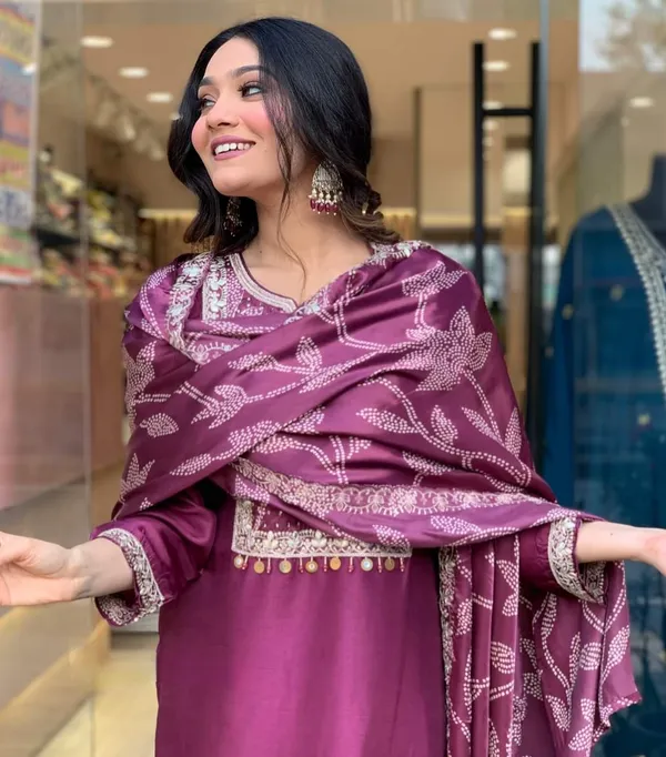Purple_Chanderi_Viscose_Embroidered_A-Line_Kurta_With_Dupatta_And_Pant_Set_For_Women
