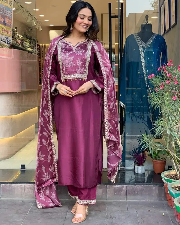 Purple_Chanderi_Viscose_Embroidered_A-Line_Kurta_With_Dupatta_And_Pant_Set_For_Women