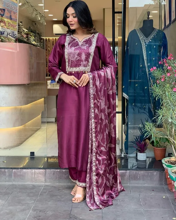 Purple_Chanderi_Viscose_Embroidered_A-Line_Kurta_With_Dupatta_And_Pant_Set_For_Women