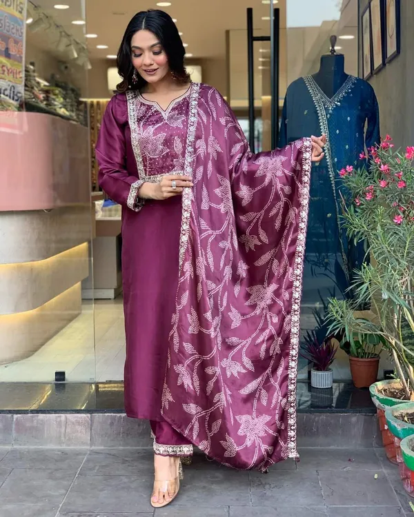 Purple_Chanderi_Viscose_Embroidered_A-Line_Kurta_With_Dupatta_And_Pant_Set_For_Women