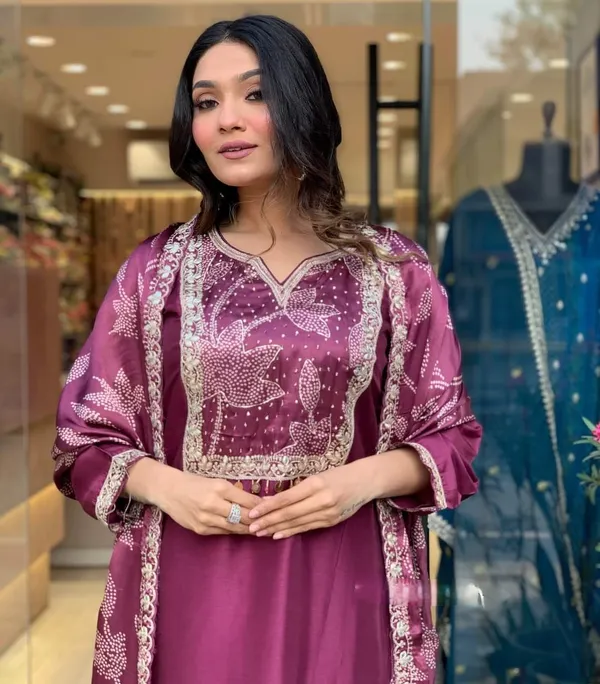 Purple_Chanderi_Viscose_Embroidered_A-Line_Kurta_With_Dupatta_And_Pant_Set_For_Women