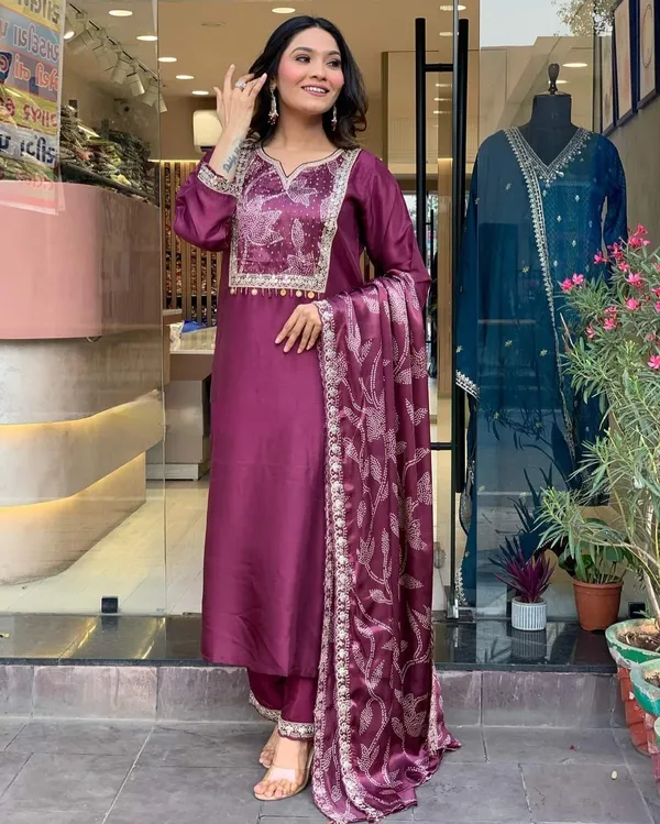 Purple_Chanderi_Viscose_Embroidered_A-Line_Kurta_With_Dupatta_And_Pant_Set_For_Women