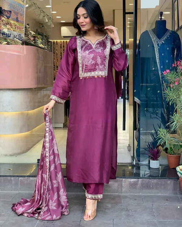 Purple_Chanderi_Viscose_Embroidered_A-Line_Kurta_With_Dupatta_And_Pant_Set_For_Women