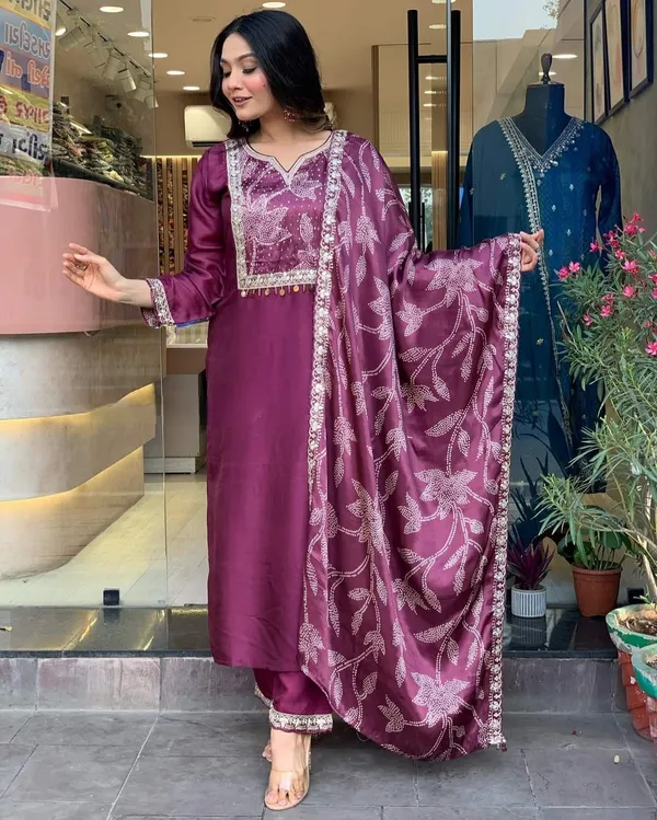 Purple_Chanderi_Viscose_Embroidered_A-Line_Kurta_With_Dupatta_And_Pant_Set_For_Women