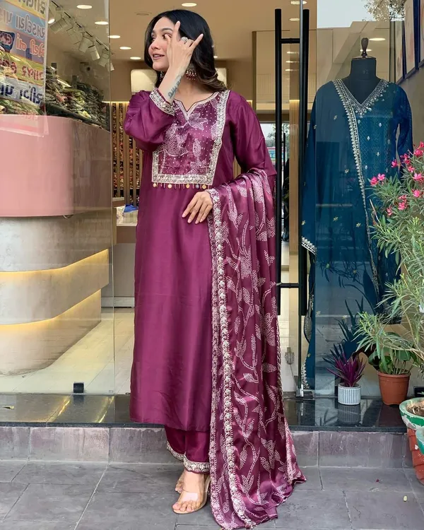 Purple_Chanderi_Viscose_Embroidered_A-Line_Kurta_With_Dupatta_And_Pant_Set_For_Women