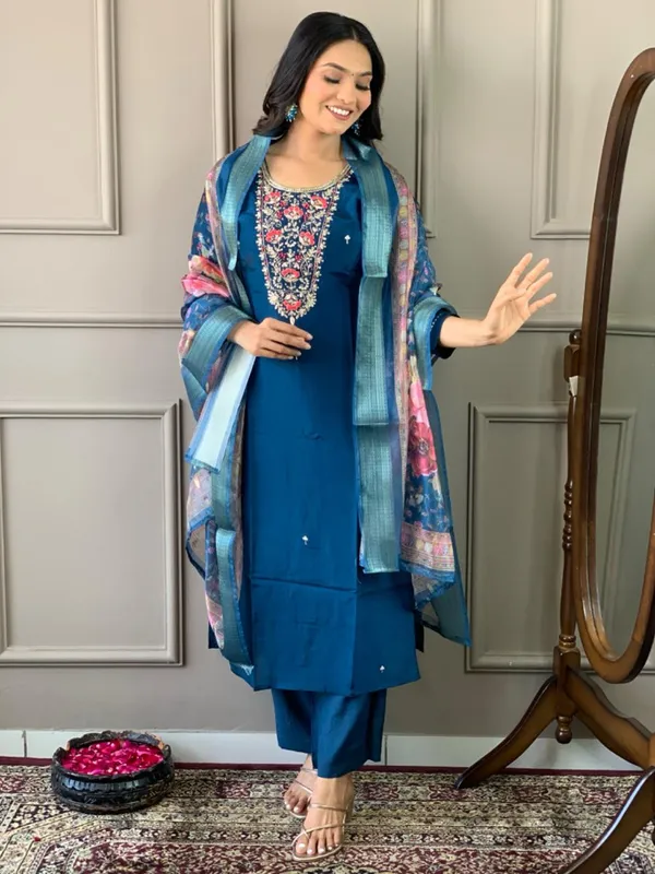 Navy_Blue_Chanderi_Viscose_Embroidered_A-Line_Kurta_With_Dupatta_And_Pant_Set_For_Women