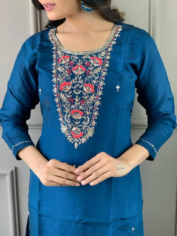 Navy_Blue_Chanderi_Viscose_Embroidered_A-Line_Kurta_With_Dupatta_And_Pant_Set_For_Women