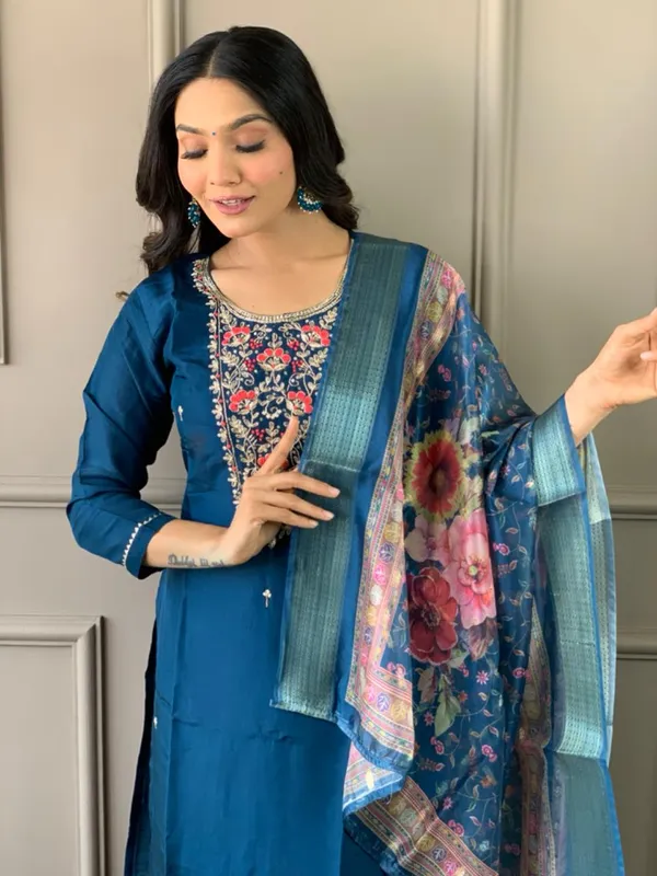 Navy_Blue_Chanderi_Viscose_Embroidered_A-Line_Kurta_With_Dupatta_And_Pant_Set_For_Women