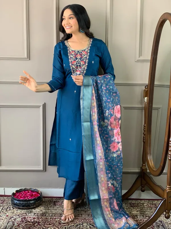 Navy_Blue_Chanderi_Viscose_Embroidered_A-Line_Kurta_With_Dupatta_And_Pant_Set_For_Women