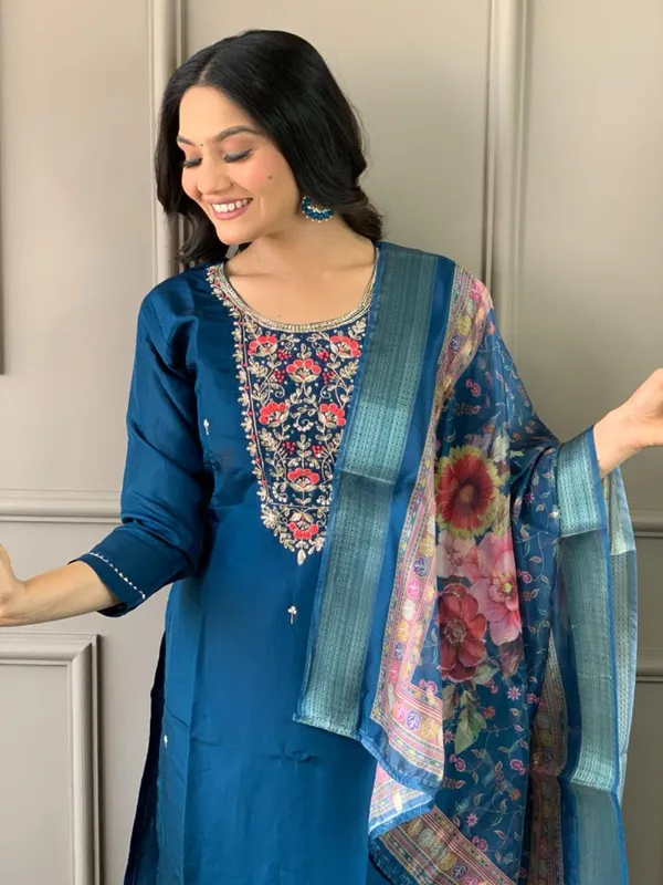 Navy_Blue_Chanderi_Viscose_Embroidered_A-Line_Kurta_With_Dupatta_And_Pant_Set_For_Women