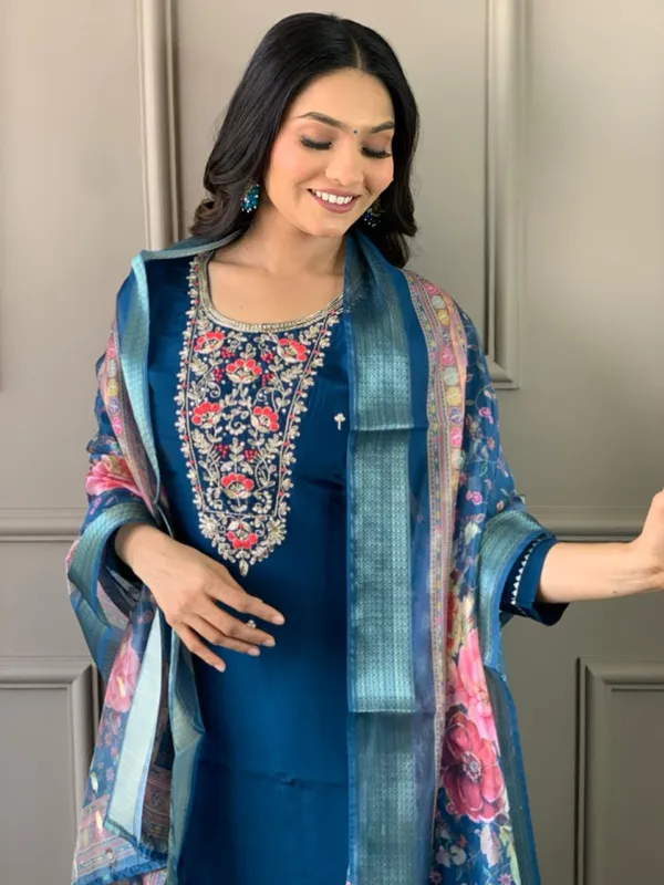 Navy_Blue_Chanderi_Viscose_Embroidered_A-Line_Kurta_With_Dupatta_And_Pant_Set_For_Women