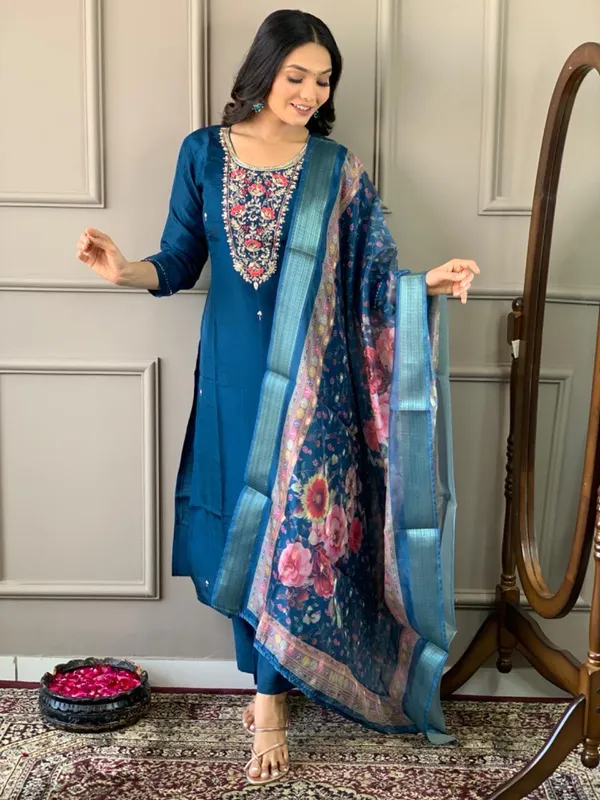 Navy_Blue_Chanderi_Viscose_Embroidered_A-Line_Kurta_With_Dupatta_And_Pant_Set_For_Women