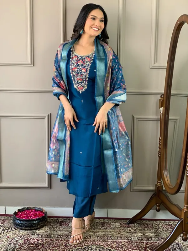 Navy_Blue_Chanderi_Viscose_Embroidered_A-Line_Kurta_With_Dupatta_And_Pant_Set_For_Women