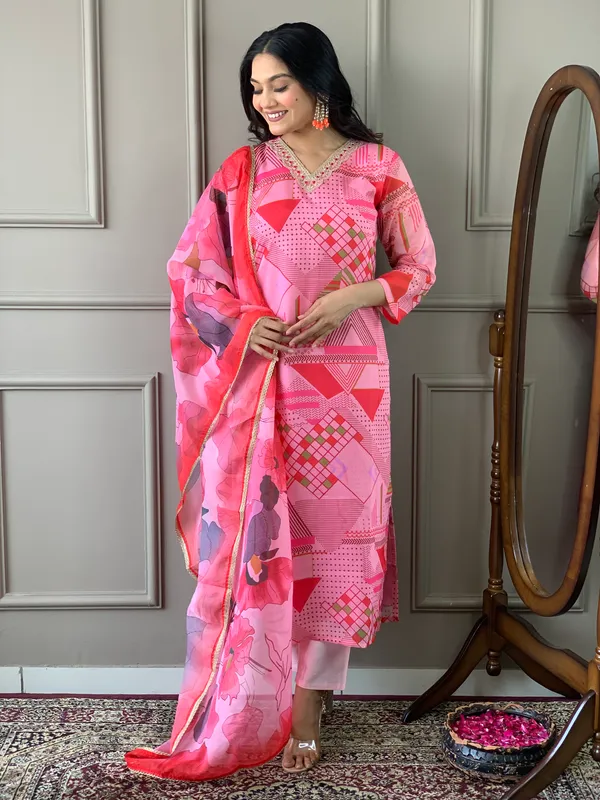 Pink_Chanderi_Viscose_Embroidered_A-Line_Kurta_With_Dupatta_And_Pant_Set_For_Women