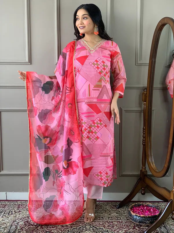 Pink_Chanderi_Viscose_Embroidered_A-Line_Kurta_With_Dupatta_And_Pant_Set_For_Women