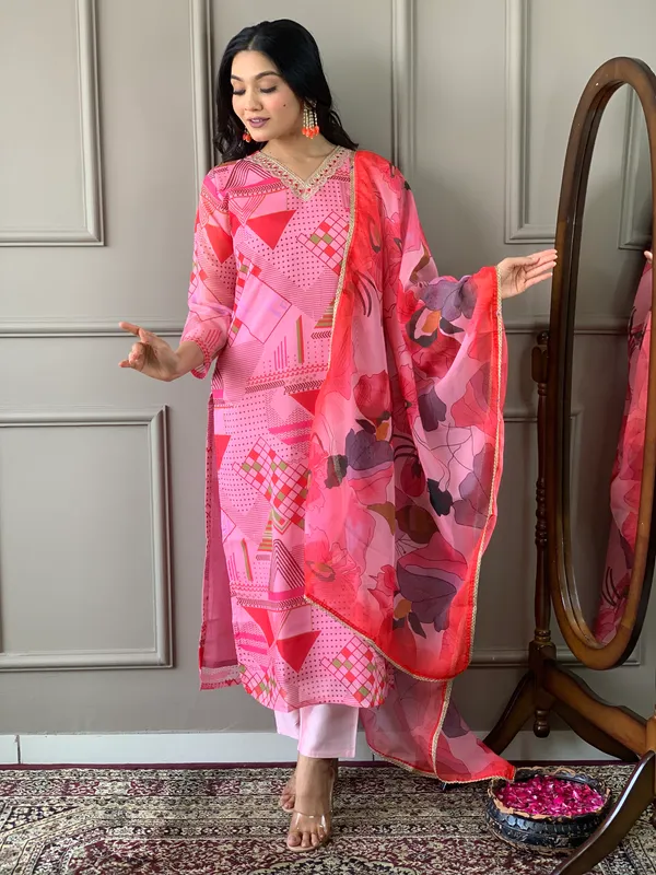 Pink_Chanderi_Viscose_Embroidered_A-Line_Kurta_With_Dupatta_And_Pant_Set_For_Women