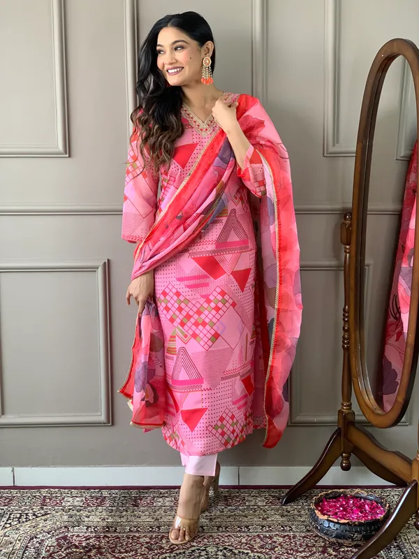 Pink_Chanderi_Viscose_Embroidered_A-Line_Kurta_With_Dupatta_And_Pant_Set_For_Women