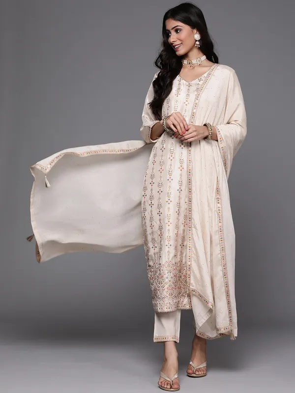 Cream_Chanderi_Viscose_Embroidered_A-Line_Kurta_With_Dupatta_And_Pant_Set_For_Women