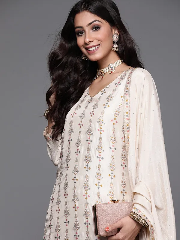 Cream_Chanderi_Viscose_Embroidered_A-Line_Kurta_With_Dupatta_And_Pant_Set_For_Women