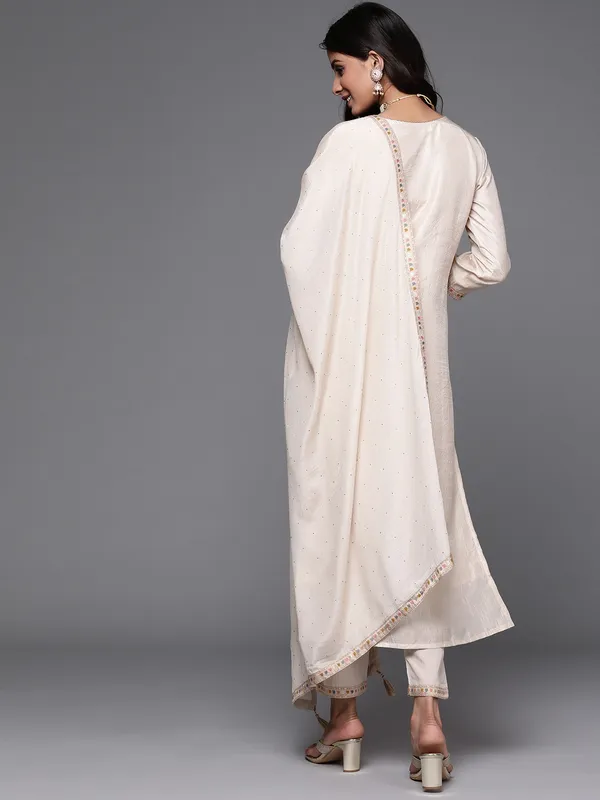 Cream_Chanderi_Viscose_Embroidered_A-Line_Kurta_With_Dupatta_And_Pant_Set_For_Women