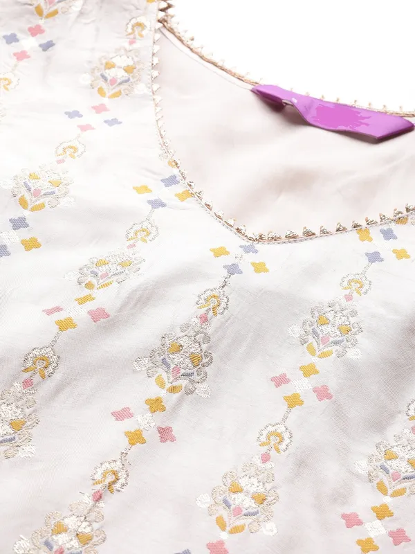 Cream_Chanderi_Viscose_Embroidered_A-Line_Kurta_With_Dupatta_And_Pant_Set_For_Women