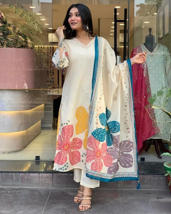 White_Organza_Tabby_Embroidered_A-Line_Kurta_With_Dupatta_And_Pant_Set_For_Women