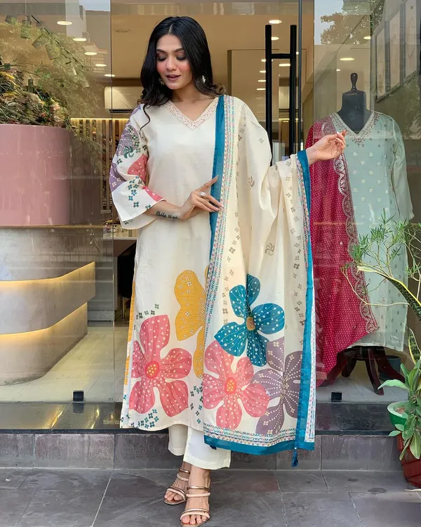 White_Organza_Tabby_Embroidered_A-Line_Kurta_With_Dupatta_And_Pant_Set_For_Women