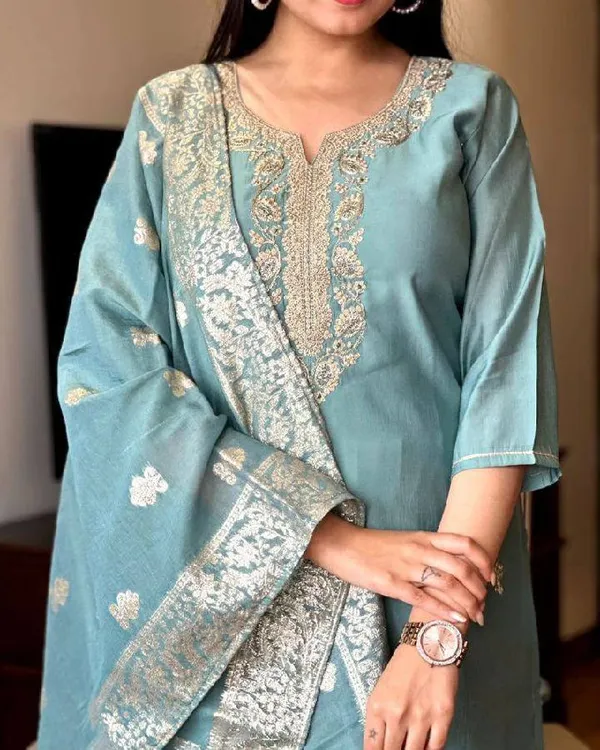 Grey_Chanderi_Viscose_Embroidered_A-Line_Kurta_With_Dupatta_And_Pant_Set_For_Women