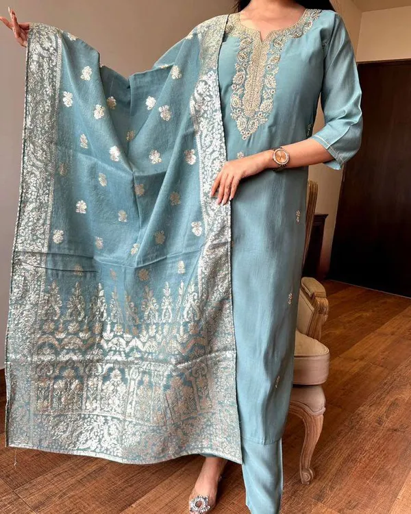 Grey_Chanderi_Viscose_Embroidered_A-Line_Kurta_With_Dupatta_And_Pant_Set_For_Women