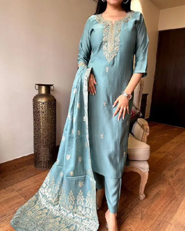 Grey_Chanderi_Viscose_Embroidered_A-Line_Kurta_With_Dupatta_And_Pant_Set_For_Women