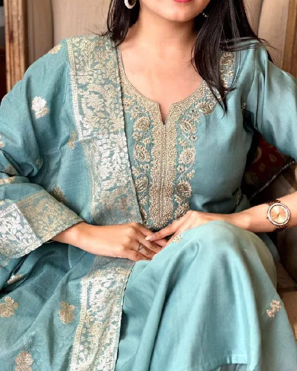 Grey_Chanderi_Viscose_Embroidered_A-Line_Kurta_With_Dupatta_And_Pant_Set_For_Women