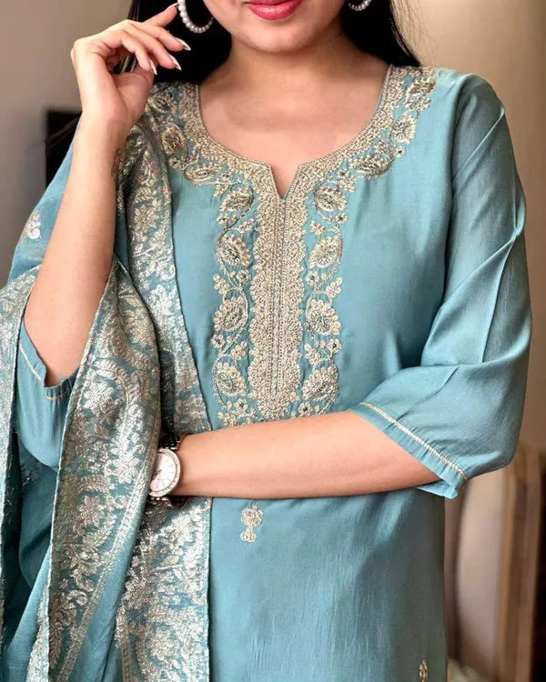 Grey_Chanderi_Viscose_Embroidered_A-Line_Kurta_With_Dupatta_And_Pant_Set_For_Women