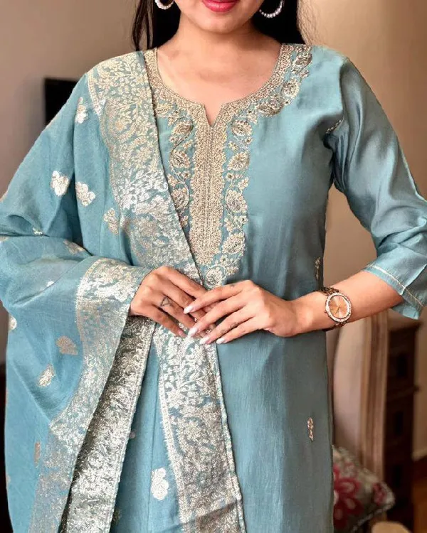 Grey_Chanderi_Viscose_Embroidered_A-Line_Kurta_With_Dupatta_And_Pant_Set_For_Women