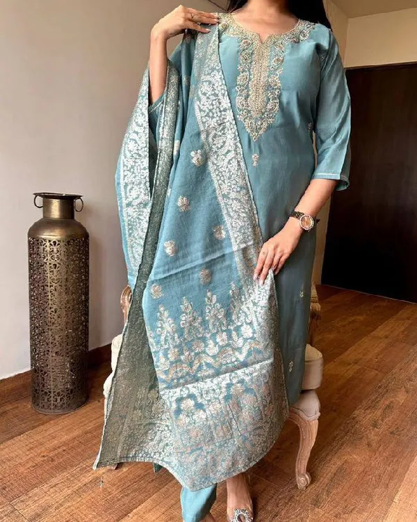 Grey_Chanderi_Viscose_Embroidered_A-Line_Kurta_With_Dupatta_And_Pant_Set_For_Women