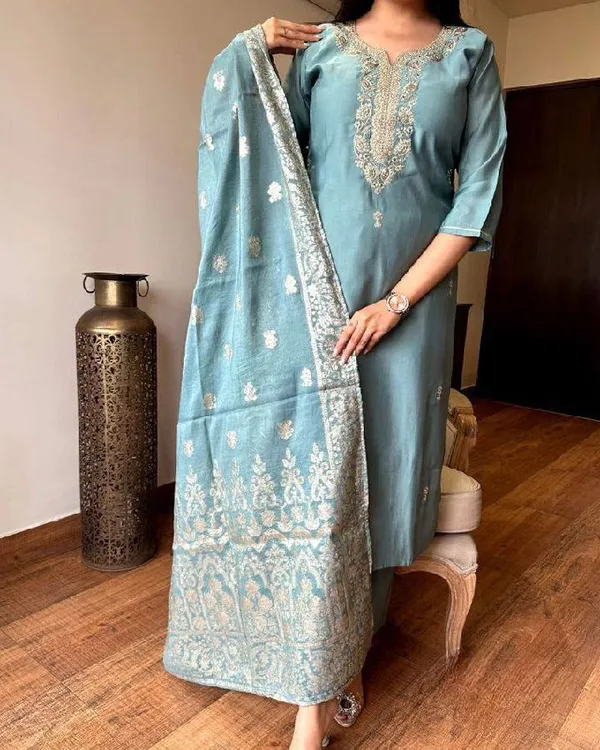 Grey_Chanderi_Viscose_Embroidered_A-Line_Kurta_With_Dupatta_And_Pant_Set_For_Women