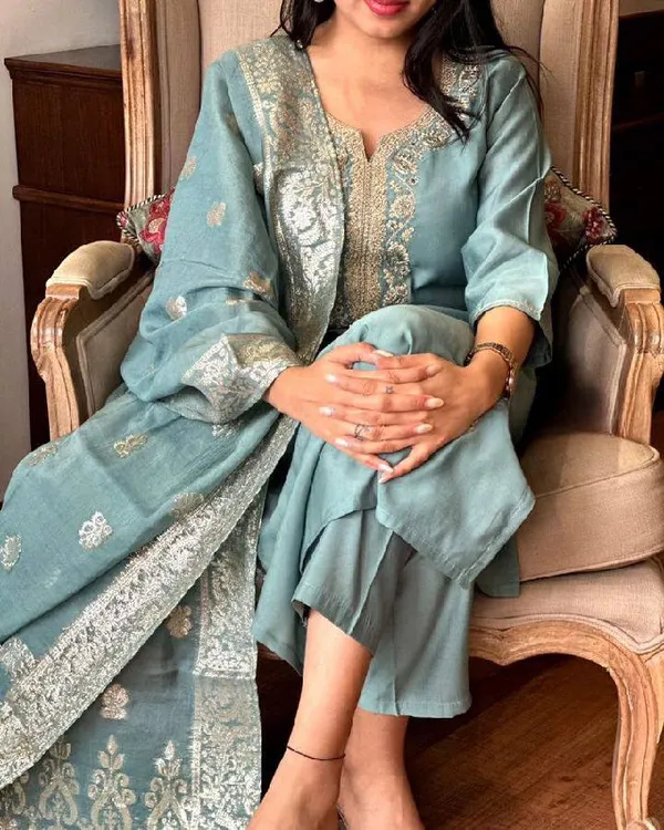 Grey_Chanderi_Viscose_Embroidered_A-Line_Kurta_With_Dupatta_And_Pant_Set_For_Women