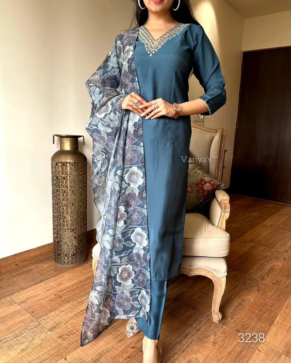 Grey_Chanderi_Viscose_Embroidered_A-Line_Kurta_With_Dupatta_And_Pant_Set_For_Women
