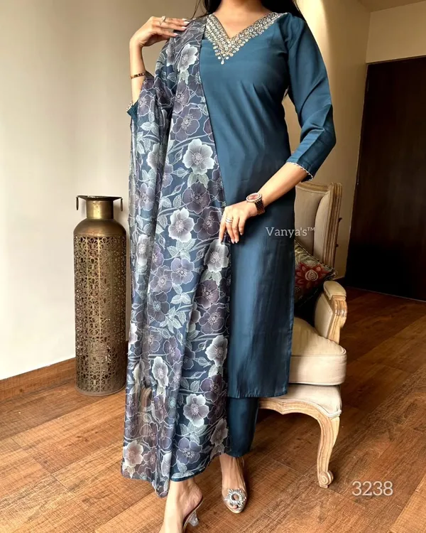 Grey_Chanderi_Viscose_Embroidered_A-Line_Kurta_With_Dupatta_And_Pant_Set_For_Women