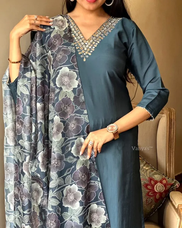 Grey_Chanderi_Viscose_Embroidered_A-Line_Kurta_With_Dupatta_And_Pant_Set_For_Women