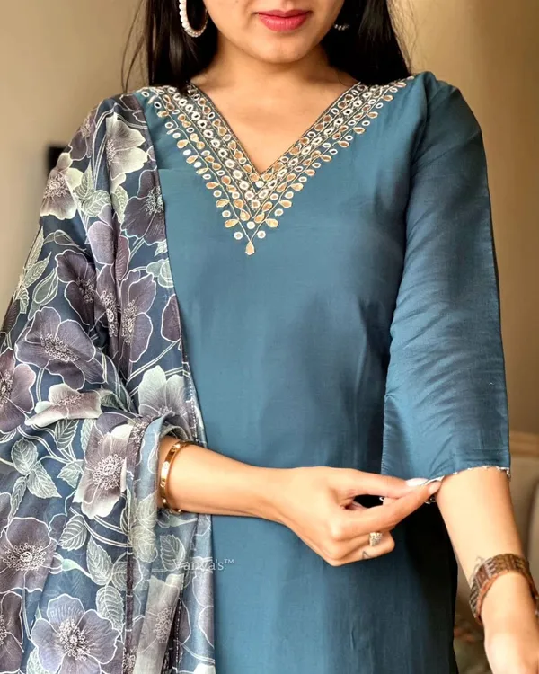Grey_Chanderi_Viscose_Embroidered_A-Line_Kurta_With_Dupatta_And_Pant_Set_For_Women