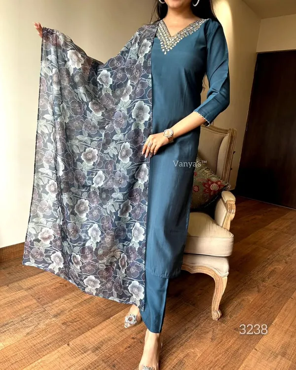 Grey_Chanderi_Viscose_Embroidered_A-Line_Kurta_With_Dupatta_And_Pant_Set_For_Women