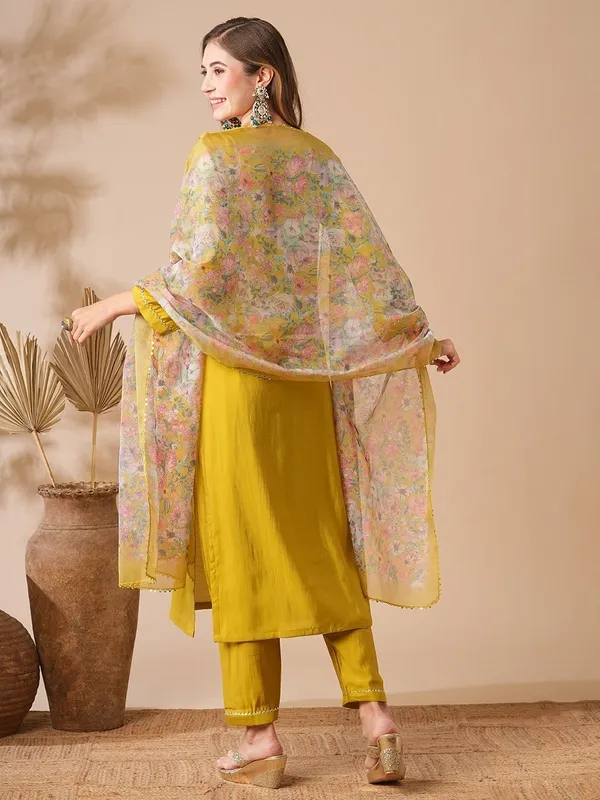 Yellow_Chanderi_Viscose_Embroidered_A-Line_Kurta_With_Dupatta_And_Pant_Set_For_Women
