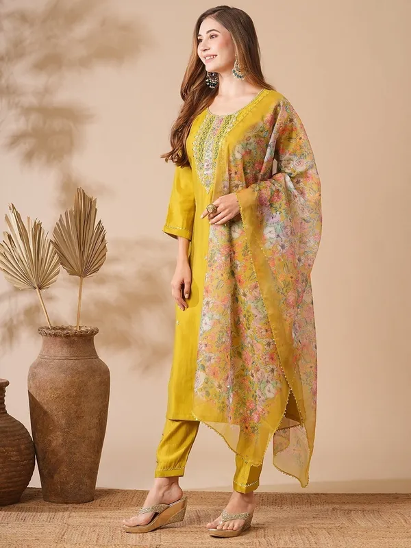 Yellow_Chanderi_Viscose_Embroidered_A-Line_Kurta_With_Dupatta_And_Pant_Set_For_Women