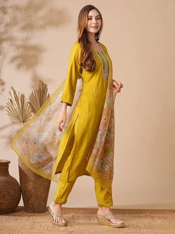 Yellow_Chanderi_Viscose_Embroidered_A-Line_Kurta_With_Dupatta_And_Pant_Set_For_Women