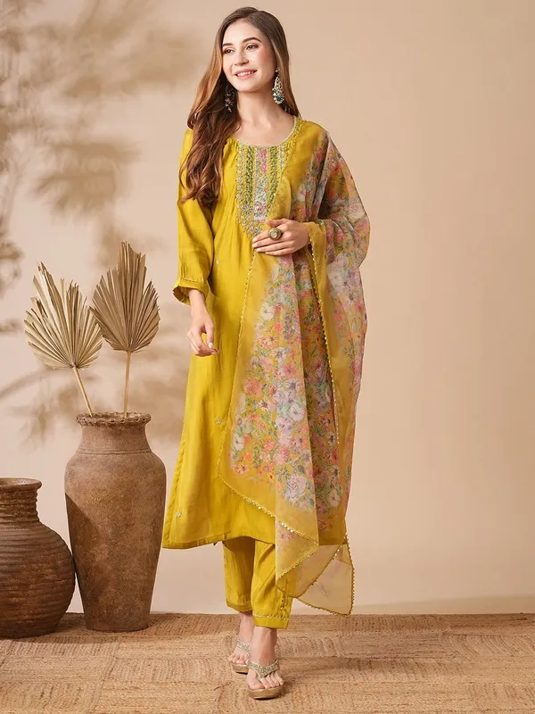 Yellow_Chanderi_Viscose_Embroidered_A-Line_Kurta_With_Dupatta_And_Pant_Set_For_Women
