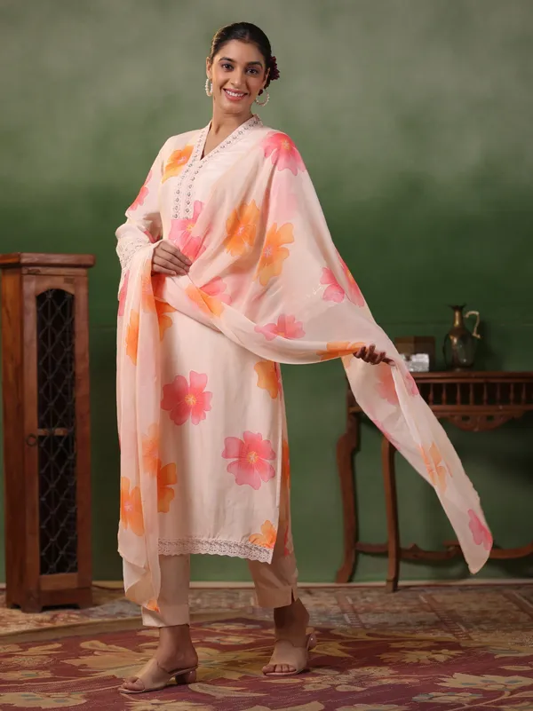 White_Crepe_Embroidered_A-Line_Kurta_With_Dupatta_And_Pant_Set_For_Women