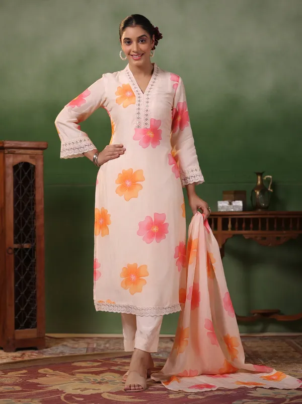 White_Crepe_Embroidered_A-Line_Kurta_With_Dupatta_And_Pant_Set_For_Women