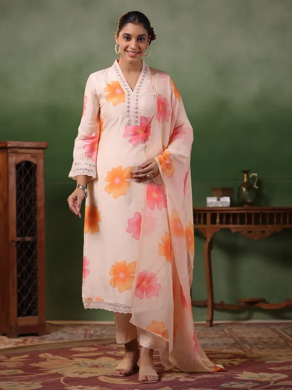 White_Crepe_Embroidered_A-Line_Kurta_With_Dupatta_And_Pant_Set_For_Women